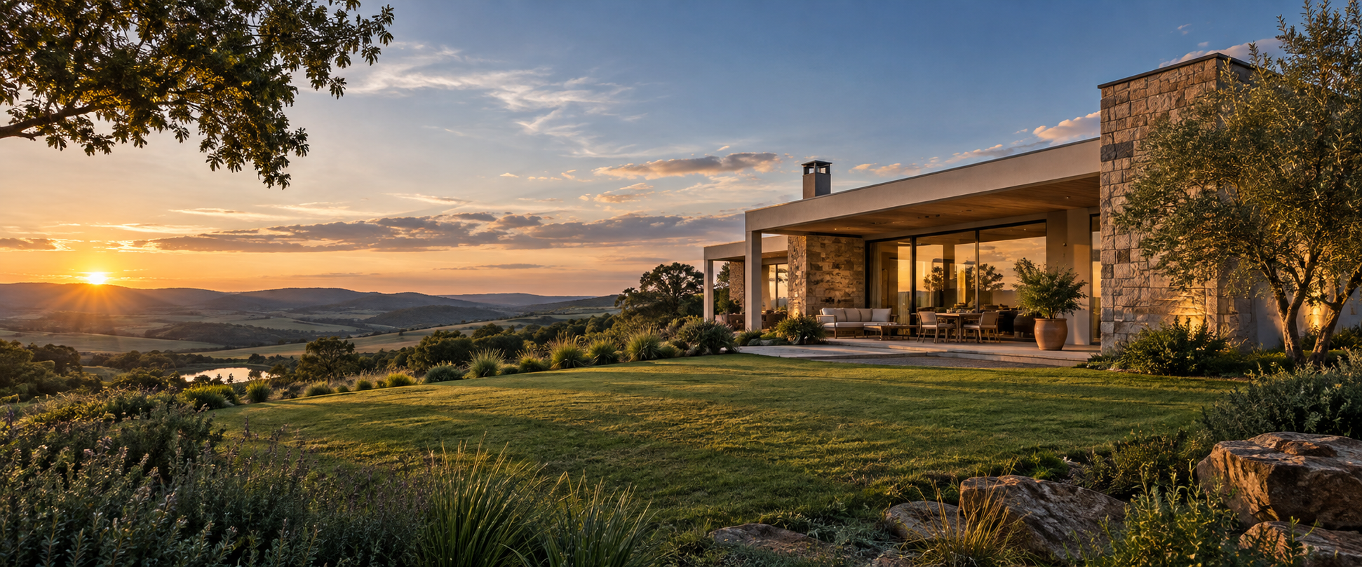 Imagem ilustrativa de uma casa contemporânea ao entardecer, com paisagem ao fundo